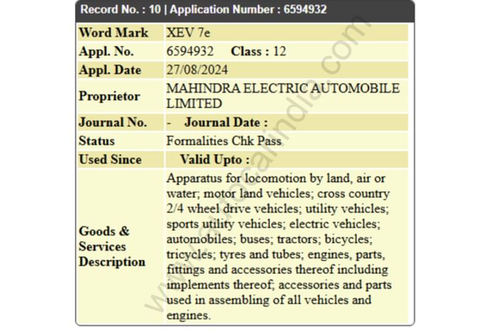 Mahindra XEV 7e name trademark Mahindra XEV 7e name trademark